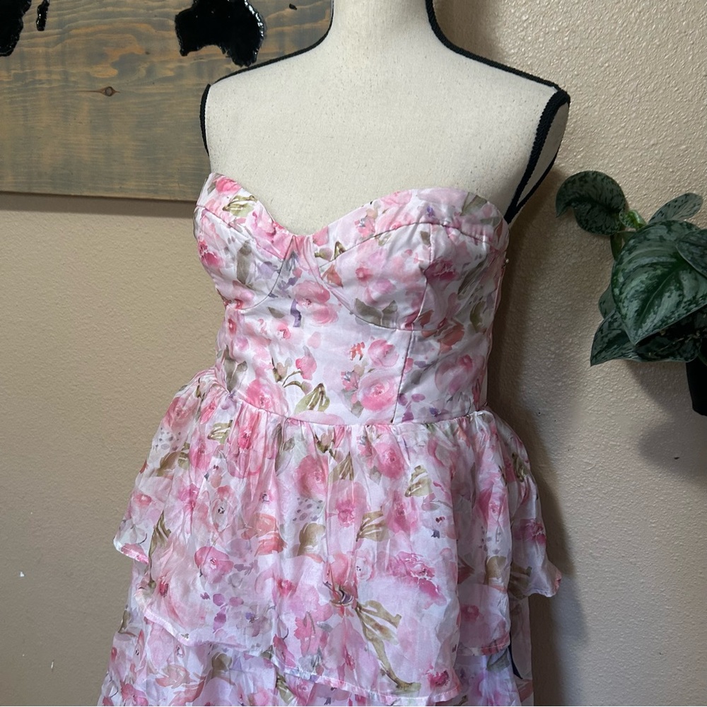 Pristine Cutie Light Pink Floral Organza Bustier Midi Dress - Picture 3 of 10